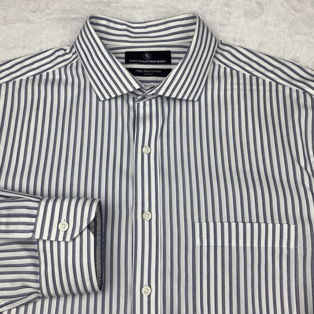 Hart Schaffner Marx Dress Shirt Mens 16.5/35 White/Blue Stripes Regular No Iron‎